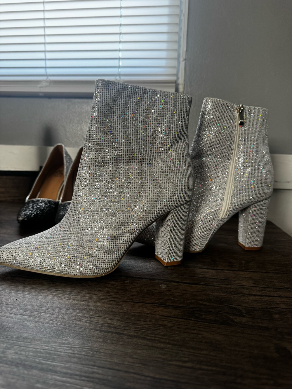 Sparkling Silver Women's Ankle Booties with Block Heel